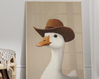 Cowboy Silly Goose Oil Painting Poster or Canvas Print, Cute Western Goose Nursery Wall Art, Farm Animal Art Print, Boys Room Decor