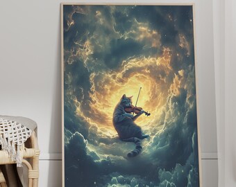Cat Playing Violin in the Swirling Clouds Ethereal Art Print Poster or Canvas, Feline Musical Wall Art, Enchanting Surreal Cosmic Wall Decor