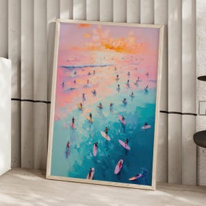 Pink Blue Surf Oil Painting Poster or Canvas Print, Aerial View Surfing Print, Beachy Ocean Wall Art, Vintage Summer Print, Girly Wall Decor
