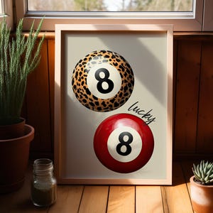 Lucky 8 Pool Balls Red and Leopard Poster or Canvas Print, Lucky Girl Dorm Room Decor, Vintage Pool Ball Art Print Trendy Apartment Decor