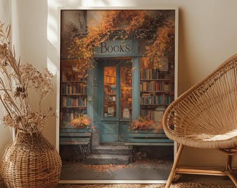 Cozy Autumn Bookshop Wall Art Poster or Canvas Print, Vintage Fall Bookstore Painting, Romantic Book Lover Gift, Literary Coffee Shop Decor