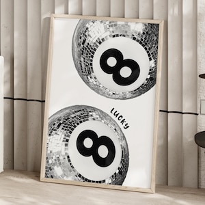 Retro Disco Ball Art Lucky 8 Ball Print Poster or Canvas, Trendy 8 Ball Wall Art, Funky Aesthetic Print, Bar Cart Decor, Mirror Ball Poster