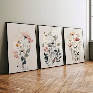 Set of 3 Wildflowers Poster or Canvas Print, Minimalist Botanical Illustration of Pressed Flowers, Modern Nature Art Neutral Floral Decor