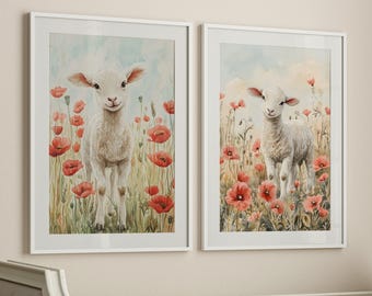 Cute Lamb in a Poppy Flower Field Set of 2 Watercolor Poster or Canvas Prints, Floral Lamb Nursery Print, Whimsical Farm Animal Wall Art