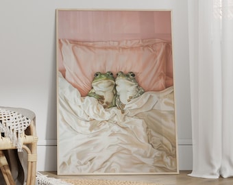 Romantic Couple Frog in Bed Canvas Poster, Whimsical Retro Frog Painting, Pastel Pink Frog Art Print, Vintage Toad Cute Bedroom Animal Art