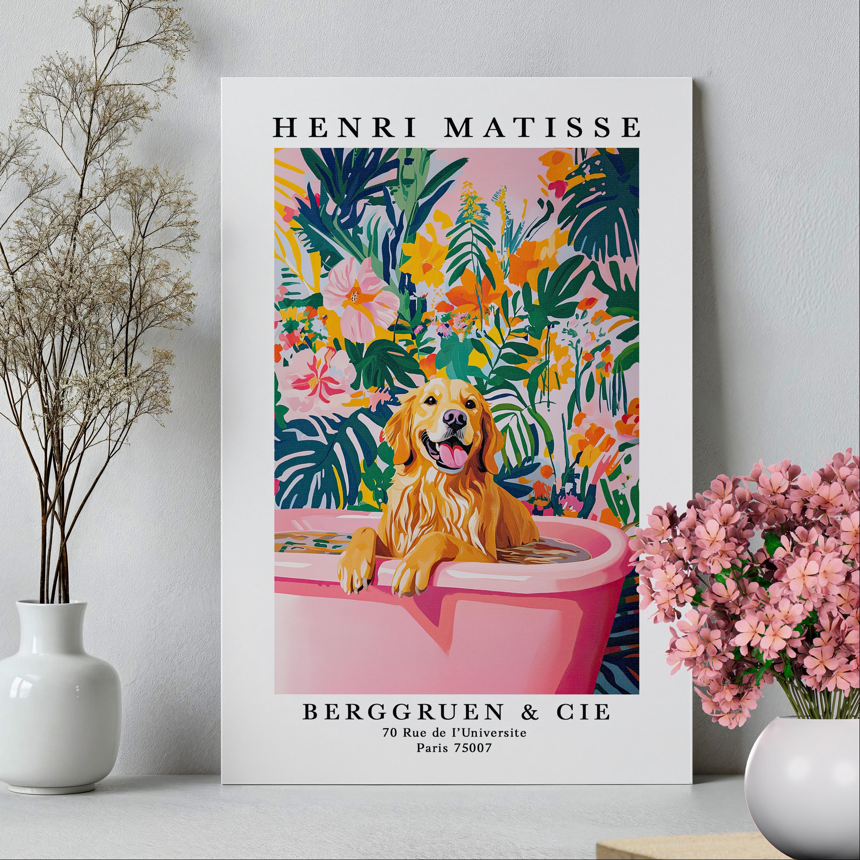 Matisse リーフデザイン 大判絵画　70×70cm Golden Retriever in Bathtub Wall Art Poster or Canvas Print, Funny