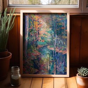 Nature Impressionism Painting Poster or Canvas Print, Abstract Forest River Colorful Wall Art Woodland Stream Vintage Style Livingroom Decor