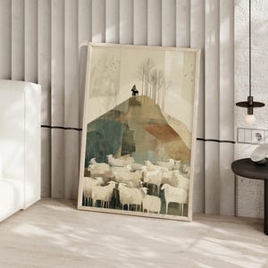 Jesus Leaves the 99 Religious Abstract Painting Poster or Canvas Print, Parable of the Lost Sheep Poster, Biblical Art Christian Home Decor