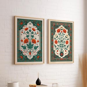 Palestine Poppy Flowers Cultural Art Set of 2 Poster or Canvas Print, Red Poppies Folk Art, Traditional Botanical Art, Cottagecore Decor