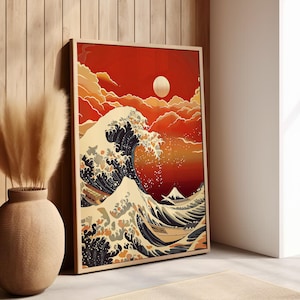 Japanese Wave Print Vibrant Red Cloudy Sky Poster or Canvas Print, Water Waves Red Sky Moon Art, Japanese Wall Art, The Great Waves Print