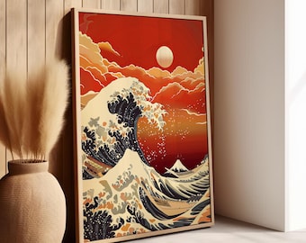 Japanese Wave Print Vibrant Red Cloudy Sky Poster or Canvas Print, Water Waves Red Sky Moon Art, Japanese Wall Art, The Great Waves Print