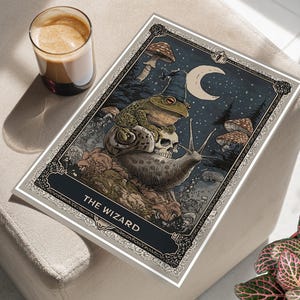 Wizard Frog and Snail Tarot Card Art Print Poster or Canvas, Witchy Goblincore Wall Art, Celestial Mystical Art Print, Dark Cottagecore Art