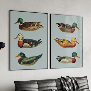 Retro Ducks Print Set of 2 Poster or Canvas Print, Duck Hunting Gifts for Dad, Duck Decoy Print Rustic Home Decor, Retro Hunting Wall Art