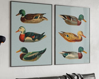 Retro Ducks Print Set of 2 Poster or Canvas Print, Duck Hunting Gifts for Dad, Duck Decoy Print Rustic Home Decor, Retro Hunting Wall Art