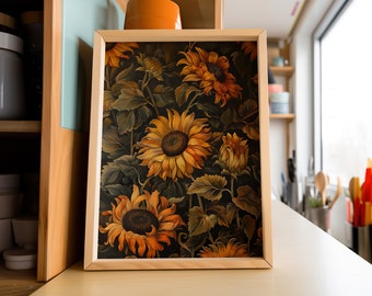 Sunflower William Morris Wall Art Print or Canvas, Vintage Country Flower Gift For Her Cottagecore Dark Academia Decor Mid Century Botanical