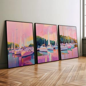 Pastel Sailboats at Marina Oil Painting Set of 3 Poster or Canvas, Coastal Lake House, Pastel Pink and Blue, Pink Sailboat Coastal Painting