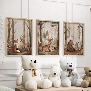 Woodland Animals Set of 3 Nursery Prints Poster or Canvas, Neutral Wildlife Art Safari Nursery Wall Decor, Kids Room Wall Art, Boho Wall Art