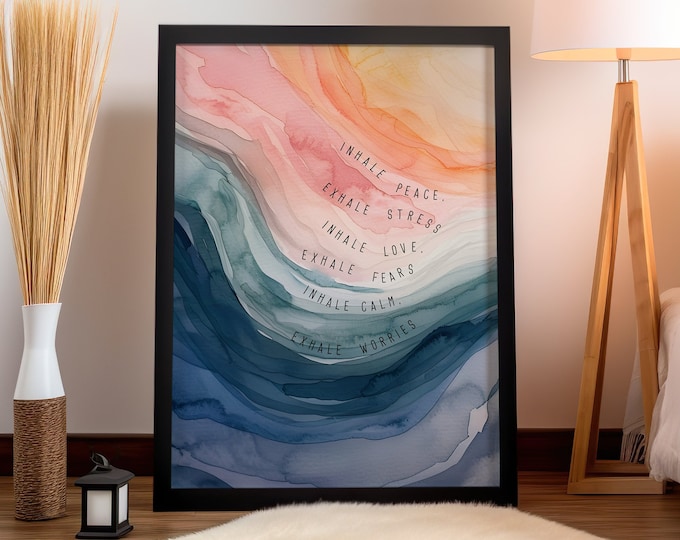 Inhale Exhale Swirly Watercolor Abstract Wall Art Poster or Canvas Print, Calm Art, Wellness Breathe Home Office Motivational Wall Decor