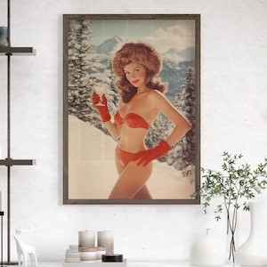 Retro Apres Ski Woman Winter Portrait Poster or Canvas Print, Bikini Martini Female Santa Christmas Wall Decor, Festive Season Preppy Print