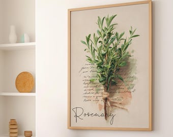 May include: A framed botanical print featuring a sprig of rosemary tied with twine. The artwork displays green rosemary leaves against a beige background with handwritten script and the word "Rosemary" in cursive.