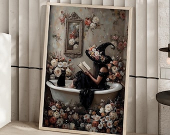Witch in Bathtub with Book Wall Art Poster or Canvas Print, Dark Cottagecore Witchy Print, Black Cat Art Whimsigoth Floral Bathroom Poster