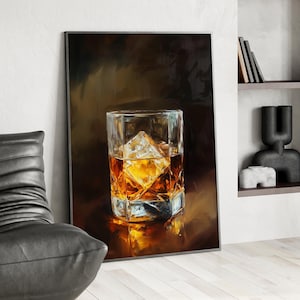 Scotch Neat Whiskey Oil Painting Poster or Canvas, Bourbon Whiskey In Glass Art Print, Unique Man Cave Decor Perfect Gift For Whiskey Lovers