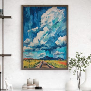 Stormy Prairie Train Track Oil Painting Poster or Canvas Print, Western Landscape Blue Sky Clouds Art, Southwestern Rain Clouds Abstract Art