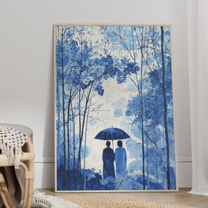 Serene China Scene Blue Landscape Abstract Art Poster or Canvas Print, Asian Inspired Art, Pattern Print Chinese Nature Wall Art Home Decor