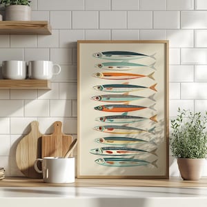 Colorful Retro Sardines Art Poster or Canvas Print, Minimalist Fish Illustration, Coastal Kitchen Wall Art, Seafood Art Vintage Food Decor