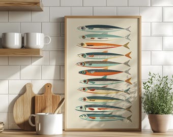 Colorful Retro Sardines Art Poster or Canvas Print, Minimalist Fish Illustration, Coastal Kitchen Wall Art, Seafood Art Vintage Food Decor