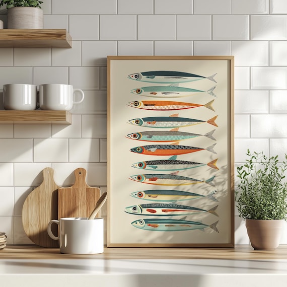 Colorful Retro Sardines Art Poster or Canvas Print, Minimalist Fish Illustration, Coastal Kitchen Wall Art, Seafood Art Vintage Food Decor