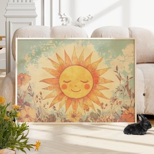 Vintage Boho Sun and Flowers Wall Art Poster or Canvas Print, Botanical Print, Warm Earthy Tones Art, Floral Landscape, Cottagecore Decor