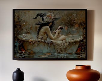 Witch in the Bathtub Floral Mystical Wall Decor Poster or Canvas Print, Goblincore Fairycore Witch Reading a Book Botanical Fantasy Art