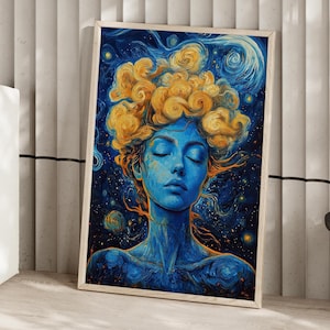 Blue Woman In Space Swirling Hair Van Gogh Style Oil Painting Poster or Canvas, Starry Night Sky, Dreamy Female Portrait, Surreal Art Print