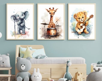 Cute Nursery Animals With Musical Instrument Wall Art Set , Watercolor Jungle Safari Baby Shower Gifts , Music Lover Animal Nursery Prints