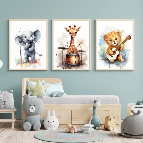 Cute Nursery Animals With Musical Instrument Wall Art Set , Watercolor Jungle Safari Baby Shower Gifts , Music Lover Animal Nursery Prints