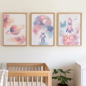 Watercolor Light Pink Pastel Space Astronaut Set of 3 Art Print Nursery Decor Poster or Canvas, Girl Space Room Wall Art Space Nursery Print