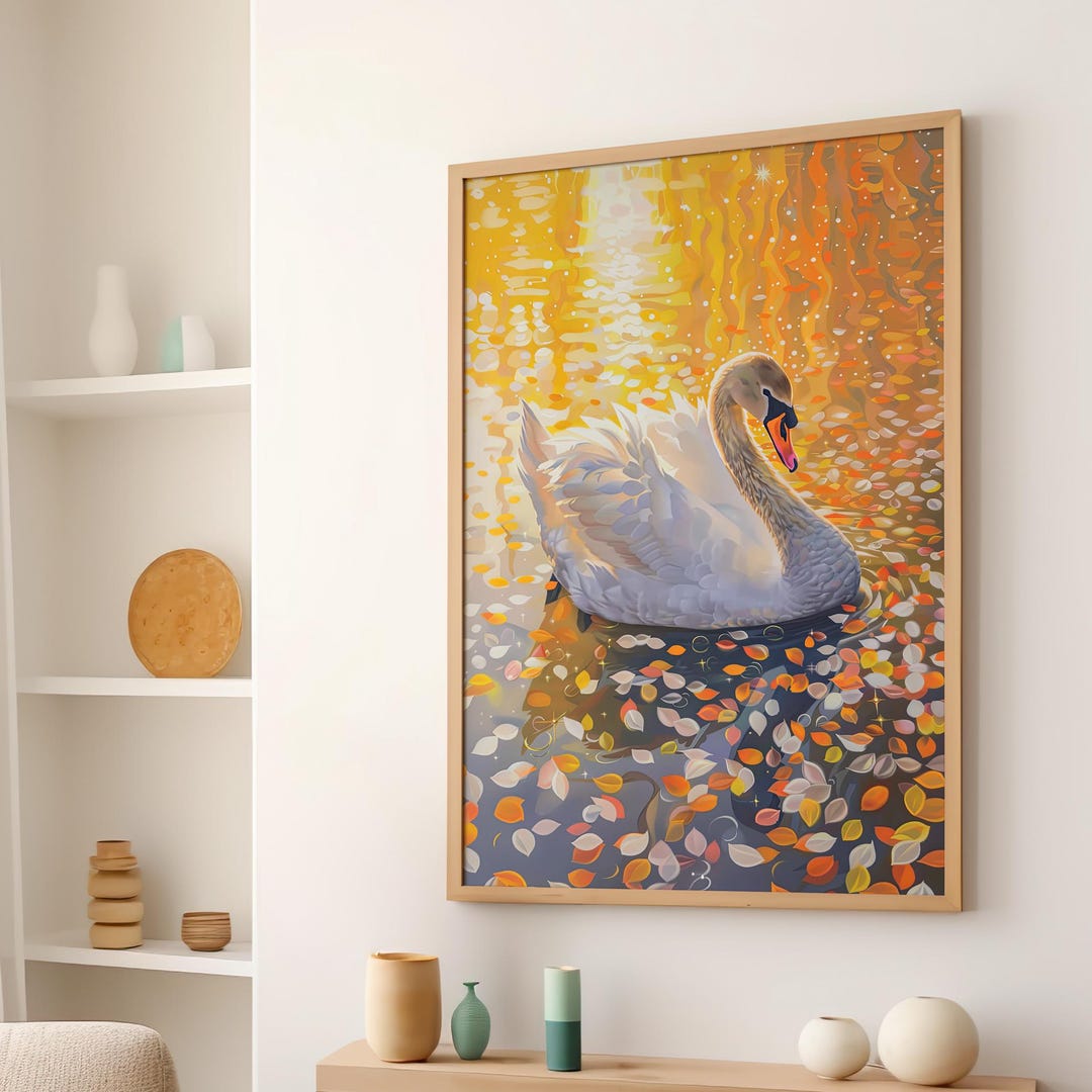 White Swan in the Lake Oil Painting Poster or Canvas Print, Modern Swan ...