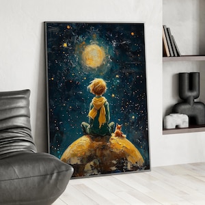 Cosmic Boy and Fox Yellow and Green Painting Poster or Canvas, Van Gogh Inspired Starry Night Sky Art, Boy's Room Decor, Abstract Art Print