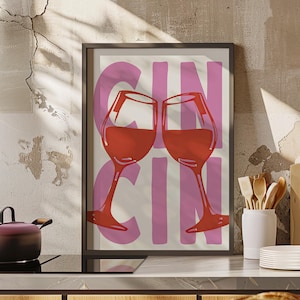 Wine Cin Cin Art Print or Canvas, Typography Trendy Drink, Cocktail Bar Cart Decor, Retro Wine Glasses Cheers Line Art Kitchen Wall Decor
