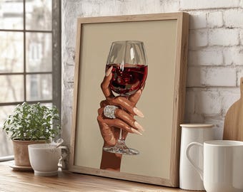 Holding Red Wine Glass African American Woman Hand Wall Art Poster or Canvas Print, Modern Elegant Black Woman Print, Red Wine Home Decor