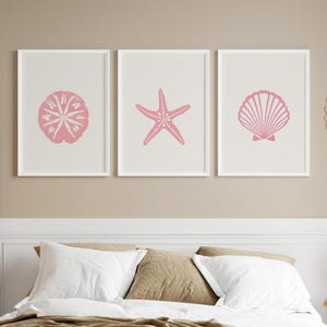 Seashell Pastel Pink Art Set of 3 Coastal Nursery Wall Art Poster or Canvas Print, Seashell Collection Print, Watercolor Seashell Art Print