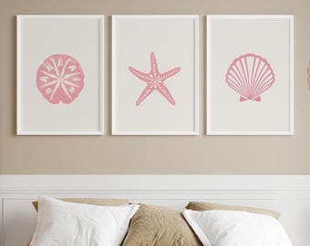 Seashell Pastel Pink Art Set of 3 Coastal Nursery Wall Art Poster or Canvas Print, Seashell Collection Print, Watercolor Seashell Art Print