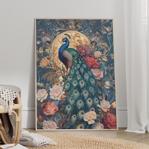 Majestic Peacock Amidst Art Nouveau inspired Florals Poster or Canvas Print, Jewel Toned Peacock And Flowers Wall Art, Modern Bird Art Print