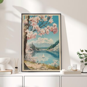Mount Fuji and Sakura Poster or Canvas Print, Cherry Blossoms Wall Art, Floral Chinese Home Decor, Japanese Landscape Serene Nature Scene