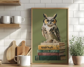 Retro Wise Owl on Books Art Poster or Canvas Print, Vintage Owl Cozy Wall Art, Forest Green Cute Bird Aesthetic Wall Decor, Book Lover Gift