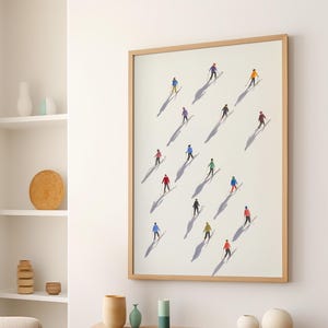Watercolor Mini Skiers Art Poster or Canvas Print, Minimalist Winter Ski Decor, Out of Office Ski Poster, Snowy Cute Winter Holiday Decor
