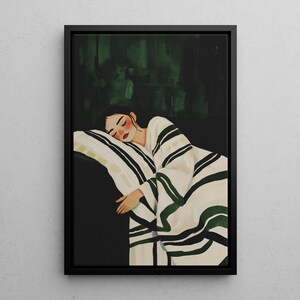 Pode incluir: Uma pintura de uma pessoa dormindo em um cobertor estampado branco e verde. A pessoa est&aacute; deitada de lado com a cabe&ccedil;a apoiada em um travesseiro. O fundo &eacute; verde escuro.