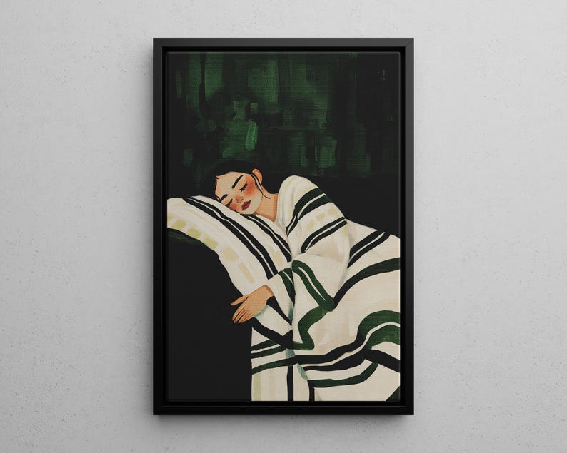 Pode incluir: Uma pintura de uma pessoa dormindo em um cobertor estampado branco e verde. A pessoa est&aacute; deitada de lado com a cabe&ccedil;a apoiada em um travesseiro. O fundo &eacute; verde escuro.