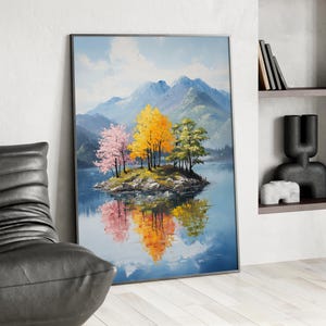 Small Seasonal Island with Colorful Trees Surreal Nature Painting Poster or Canvas, Serene Nature Reflection, Yellow Green Pink Coastal Art